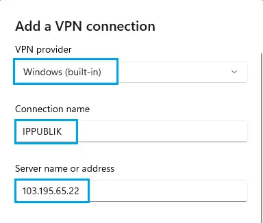 Menambahkan Nama Koneksi dan Server Addres