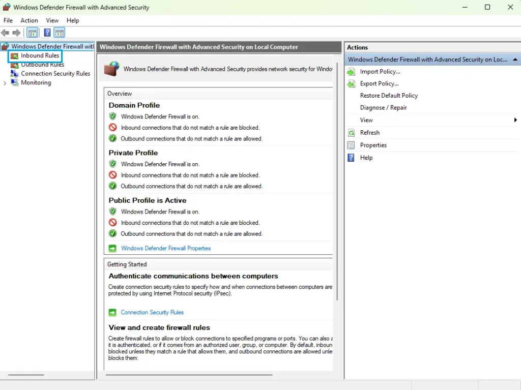 Inbound Rules Menu