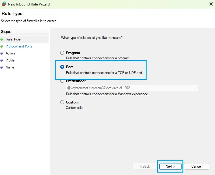 Setup Rule Type Inbound Rules