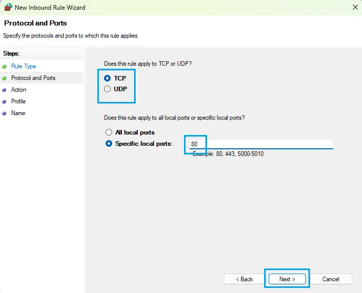 Setup Protocol and Ports Inbound Rules
