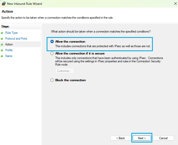 Setup Action Inbound Rules