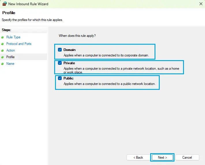 Setup Profile Inbound Rules