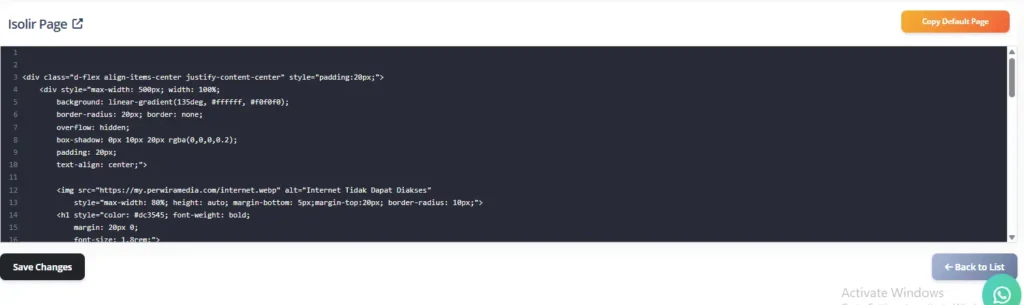 Panel Code Editor Isolir Page PerwiraMedia