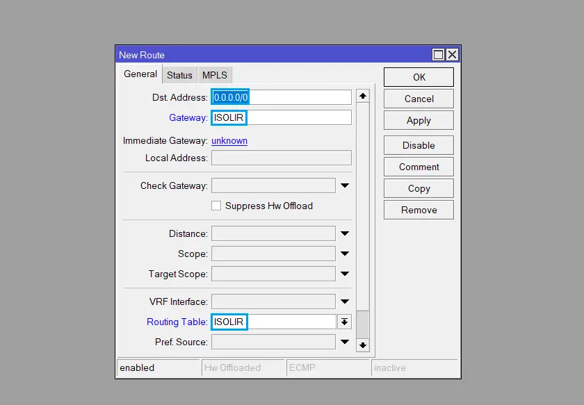 Konfigurasi Default Routing Dengan Gateway Isolir