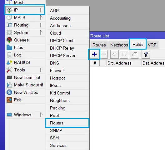Menu Konfigurasi Routes Rules di Winbox MikroTik