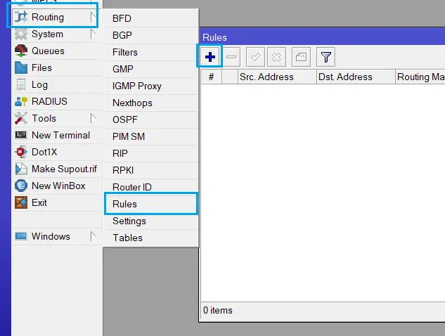Menu Konfigurasi Routing Rules di MikroTik Router Lewat Winbox