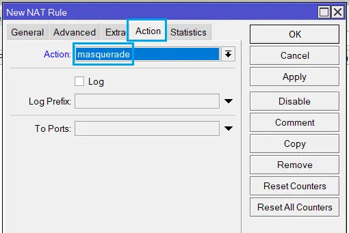 Contoh Konfigurasi NAT Masquerade di Tab Action Pada New NAT Rule MikroTik