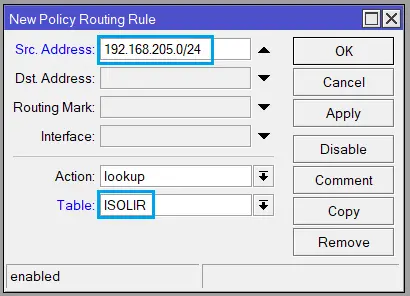 Tampilan Konfigurasi Policy Routing Rule Pada MikroTik Menggunakan Winbox