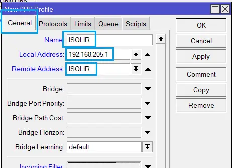 Tampilan Konfigurasi PPP Profile ISOLIR di MikroTik Menggunakan Winbox