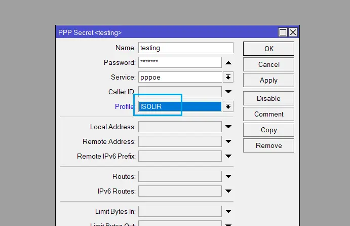 Dial PPPOE Client Dengan Profille Isolir