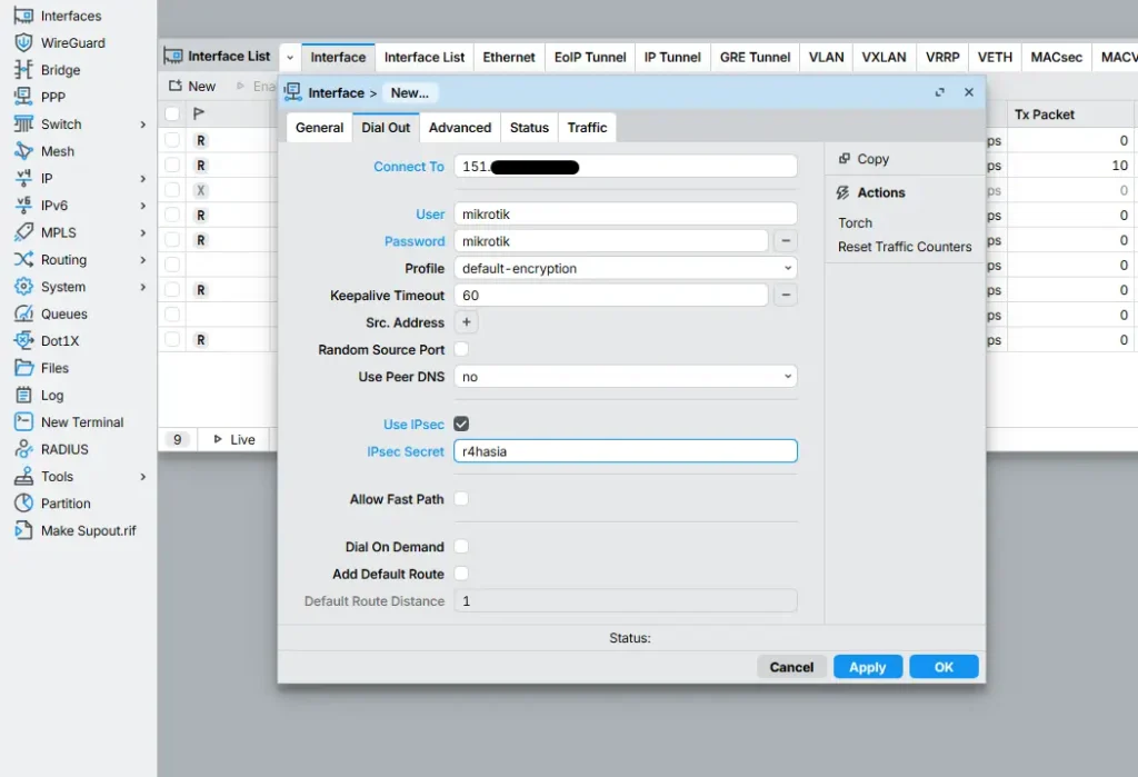 Dial VPN L2TP client di router MikroTik