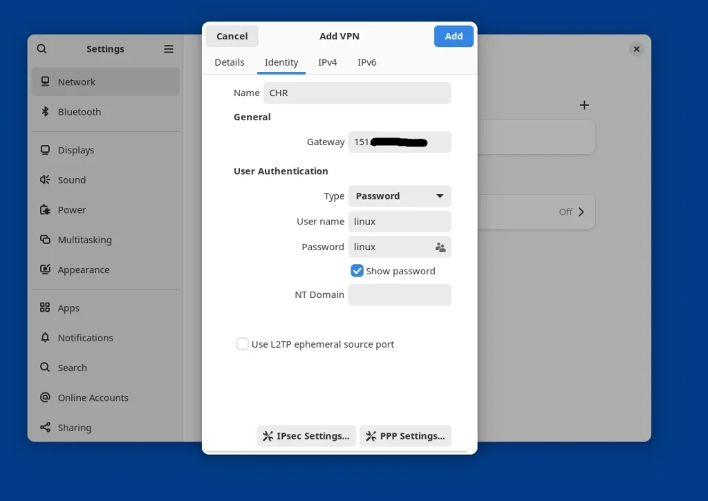 Konfigurasi dial VPN L2TP di Linux
