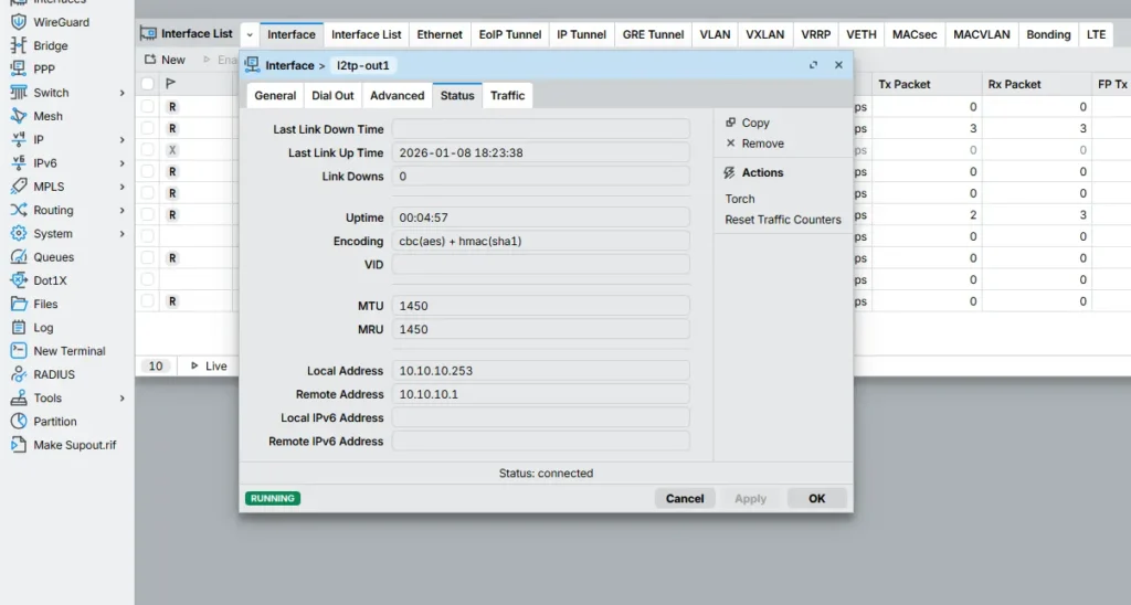 Memastikan status koneksi VPN terhubung di router MikroTik