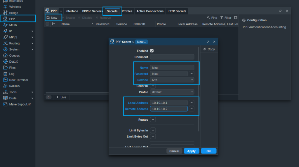 Membuat PPP Secret Mikrotik Lokal