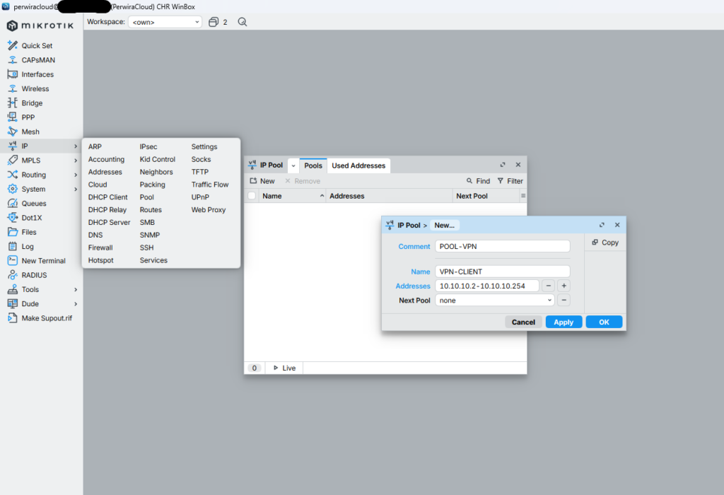 Menambahkan IP pool VPN pada MikroTik CHR
