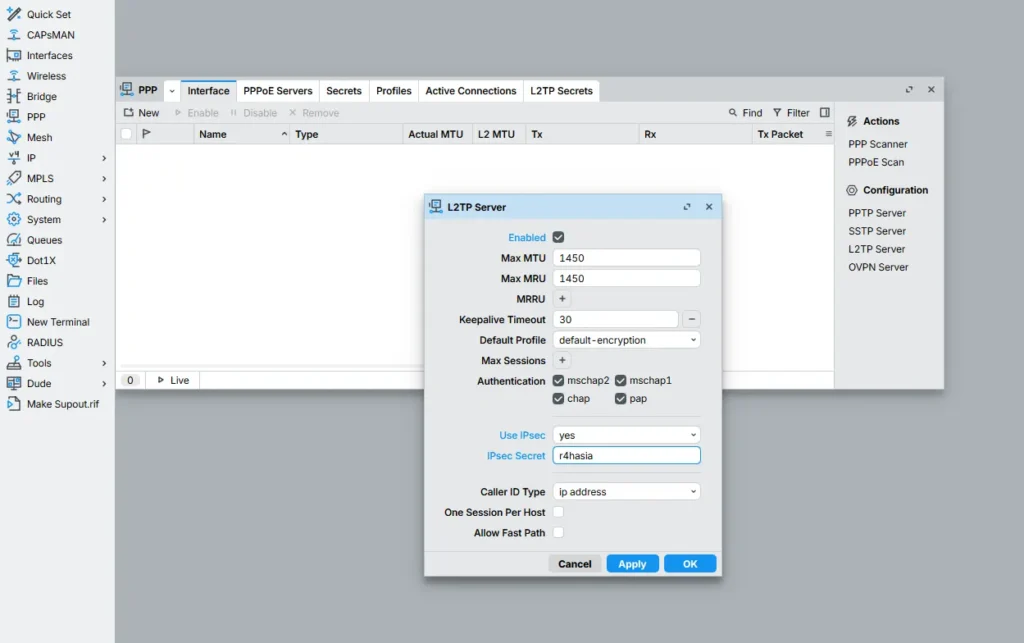 Mengaktifkan VPN Server L2TP di MikroTik CHR