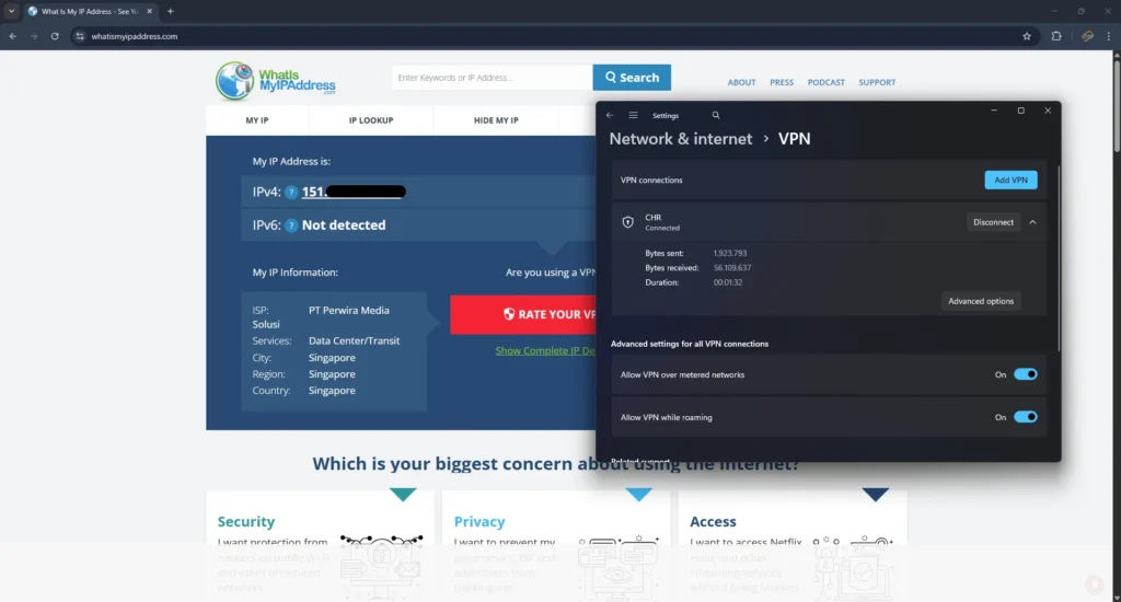 Testing koneksi VPN di Windows