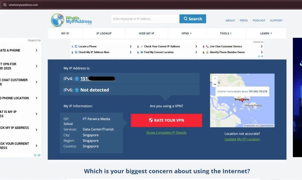 Testing hasil dial VPN di Linux