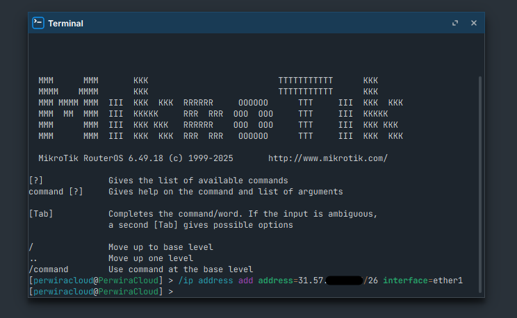 Konfigurasi IP pada Terminal Mikrotik