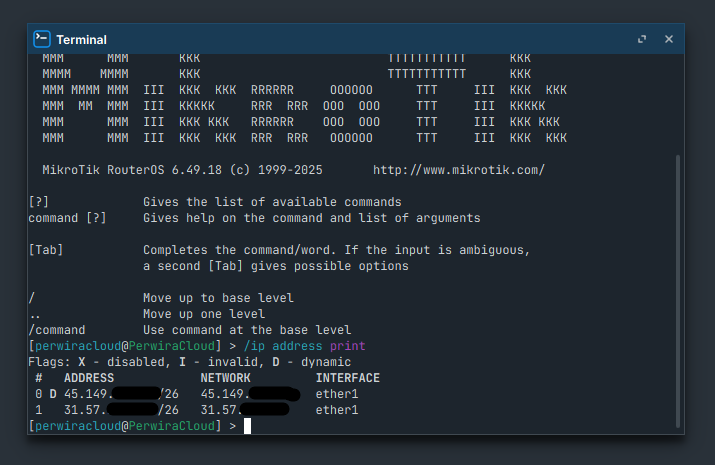 Verifikasi IP Address via Terminal Mikrotik