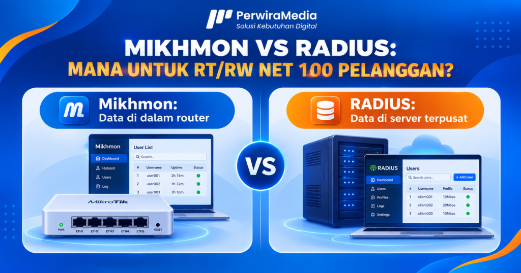 Diagram Mikhmon vs RADIUS: data pengguna di router dibanding di server terpusat