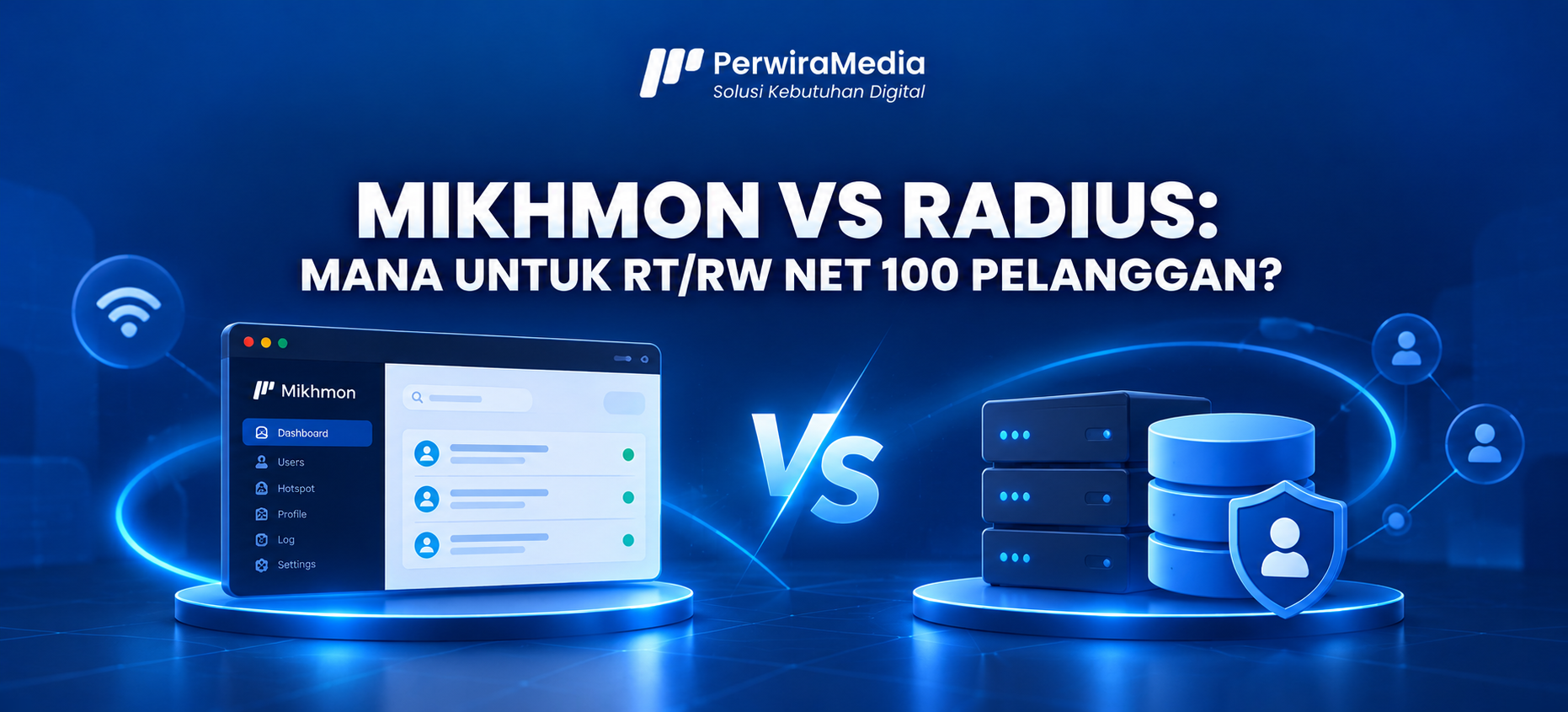 Diagram Mikhmon vs RADIUS: data pengguna di router dibanding di server terpusat